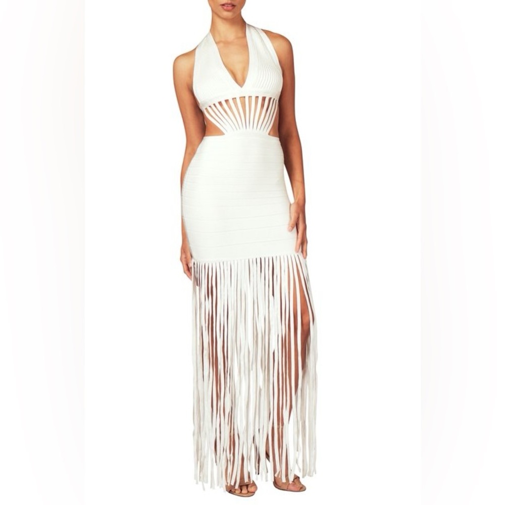 NWT White Bandage Fringe Gown Dress ala Kate Moss Style Prom Wedding Vegas NYE